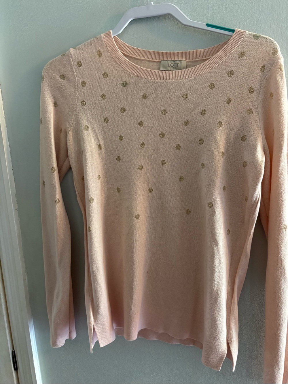 LOFT Pale Pink Crewneck Sweater with Gold Dot Accent